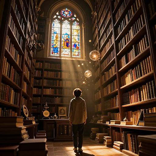 Photograph of a lone figure standing in a sunlit, ancient library with tall bookshelves, colorful stained glass window, and floating orbs.