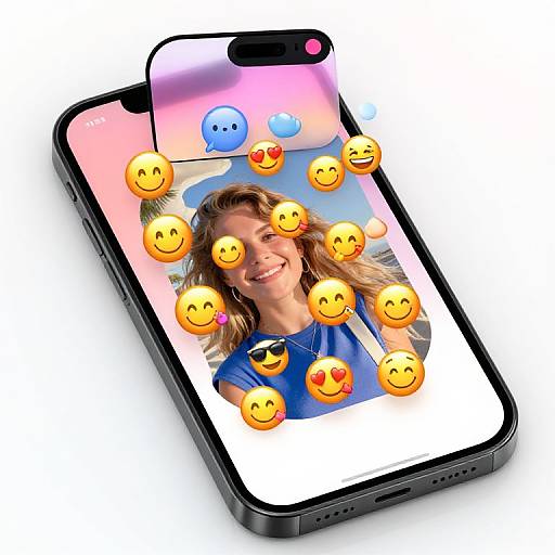 Photograph of a smartphone displaying a smiling woman's selfie with yellow emoticons overlaying the image on a white background.