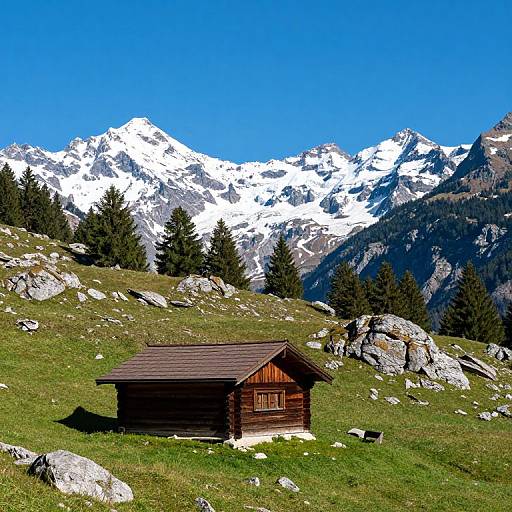 Photograph of a small wooden cabin on a grassy mountain slope with scattered rocks, pine trees, and snow-capped mountains under a bright blue sky