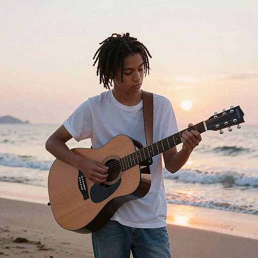 Photograph of a young Black man with dreadlocks, wearing a white t-shirt and jeans, playing an acoustic guitar on a beach at sunset.
