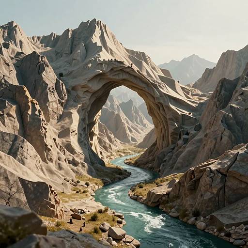 Photorealistic digital artwork of a rugged, mountainous canyon with a large natural rock arch over a winding, turquoise river. Bright sunlight casts sharp shadows