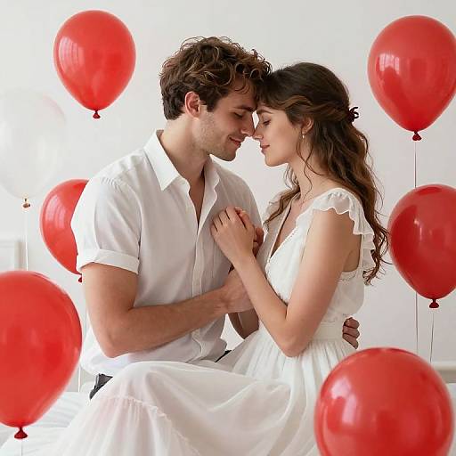 Photograph of a couple in white attire, gazing lovingly at each other amidst floating red balloons, set against a bright white background.