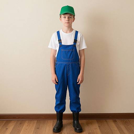 Photograph of a young boy standing against a beige wall, wearing a green cap, white t-shirt, blue overalls, and black boots.