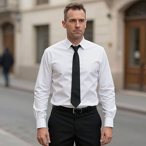 Photograph of a serious, middle-aged Caucasian man with short brown hair, wearing a white dress shirt, black tie, and black pants, standing on