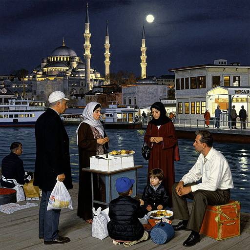 Nighttime photograph of a family and elderly man at a waterfront, illuminated by moonlight, with Hagia Sophia and two minarets in the background