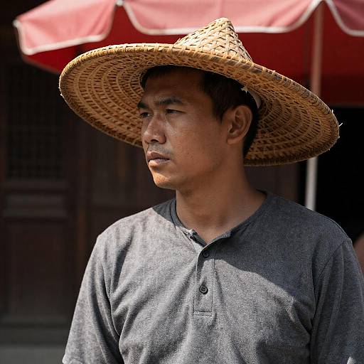 Serious Asian Man in Woven Hat