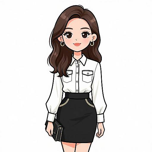 Digital anime-style drawing of a cute, smiling woman with long brown hair, wearing a white blouse, black skirt, holding a black phone.