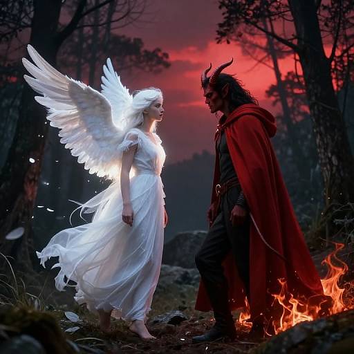 Digital artwork of a glowing white angel with wings facing a dark demon in a red cloak, standing before a fiery red sunset in a dark forest.