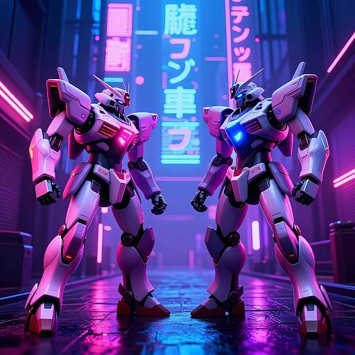 Digital CGI of two glowing, neon-lit mecha robots facing each other in a futuristic, neon-lit alley with Japanese signs.