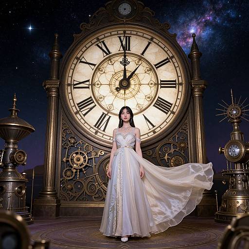 Photograph of a woman in a flowing white wedding dress standing in front of a large, ornate clock against a starry background. Clock hands point