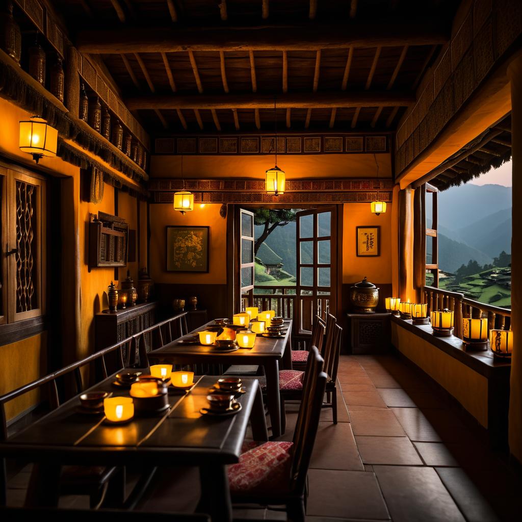 Cinematic Bhutanese Tea House in Candlelight