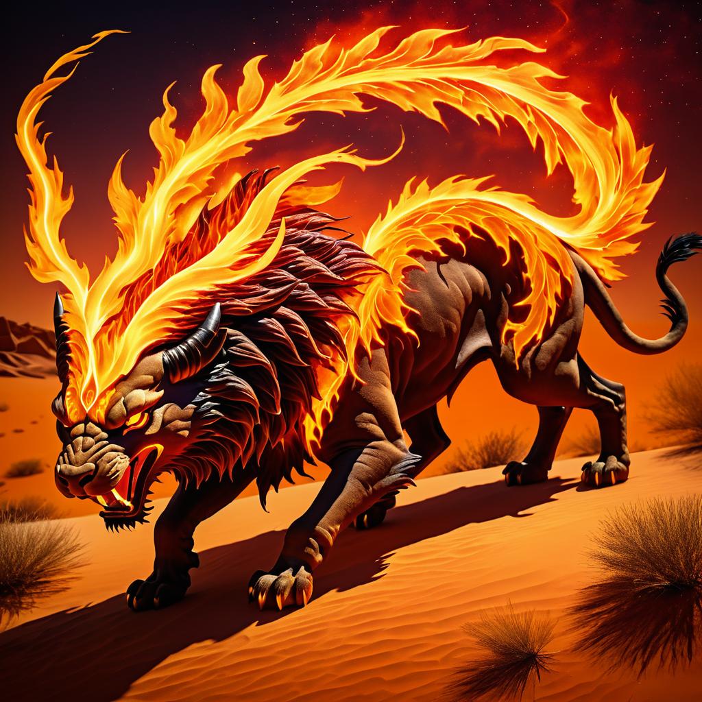 Fiery Chimera in Flaming Desert Artwork