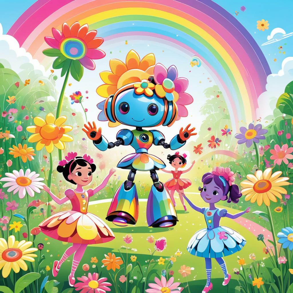 Whimsical Robot Dance in Flower Garden