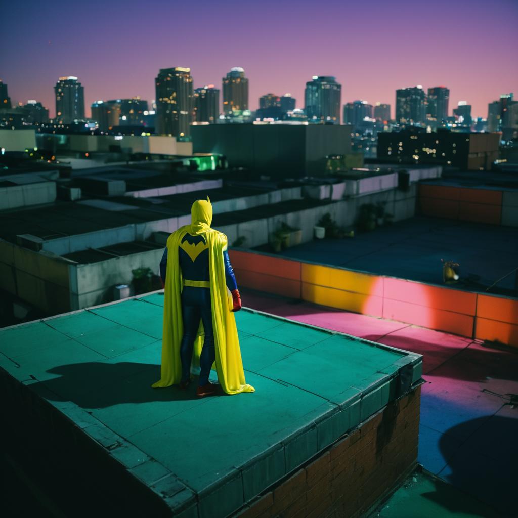 Vibrant Nighttime Rooftop Superhero Scene