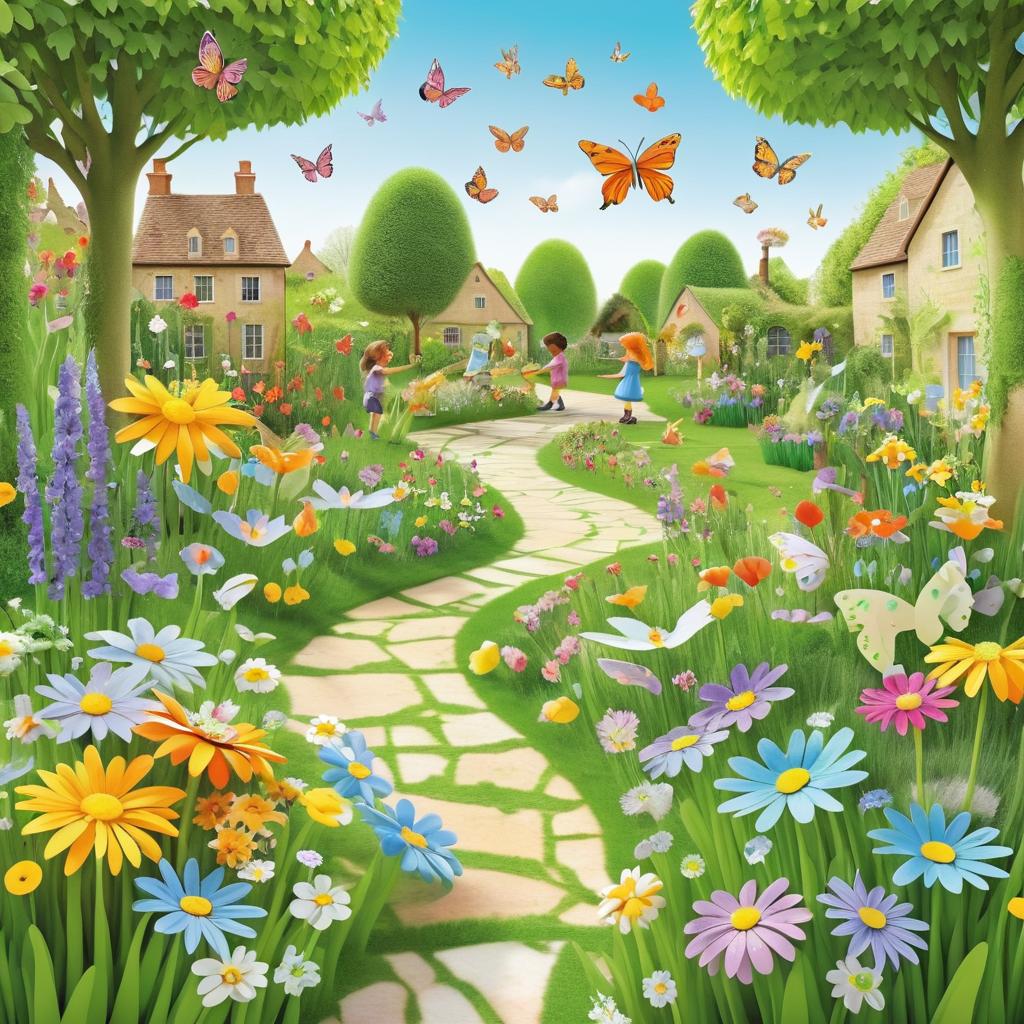 Magical Spring Garden with Children and Butterflies