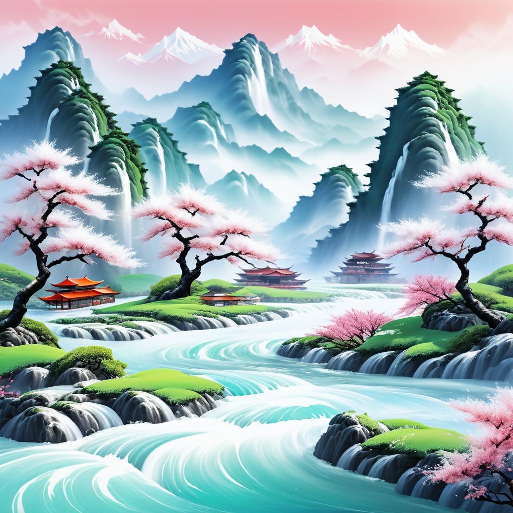 Cherry Blossom Mountains in Photorealistic Style