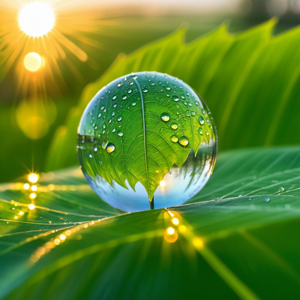 Intricate Raindrop Reflection on Leaf