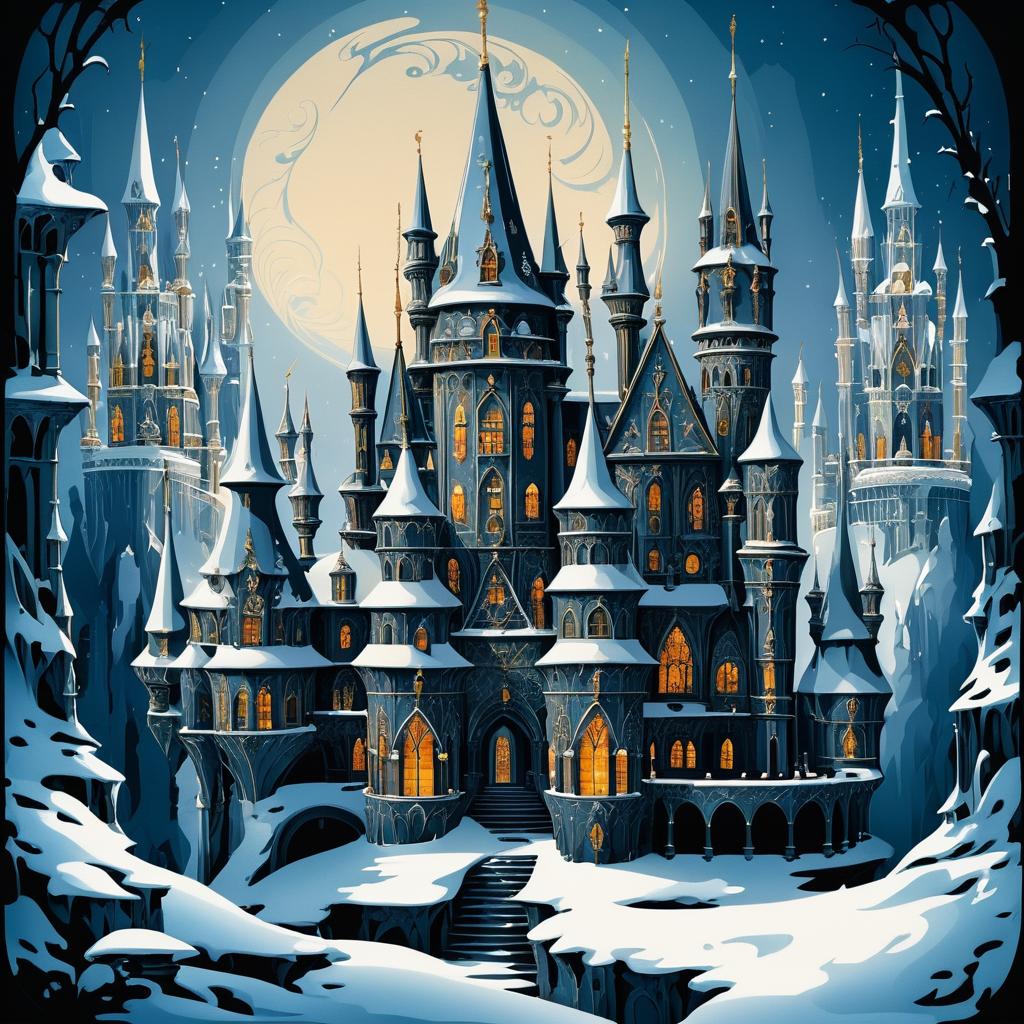 Whimsical Snowy Castle in Dark Fairy Tale