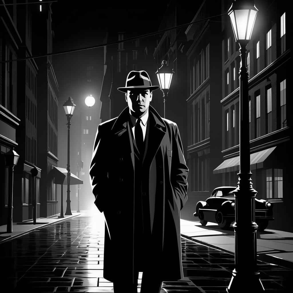 Noir Detective Under Dim Streetlamp