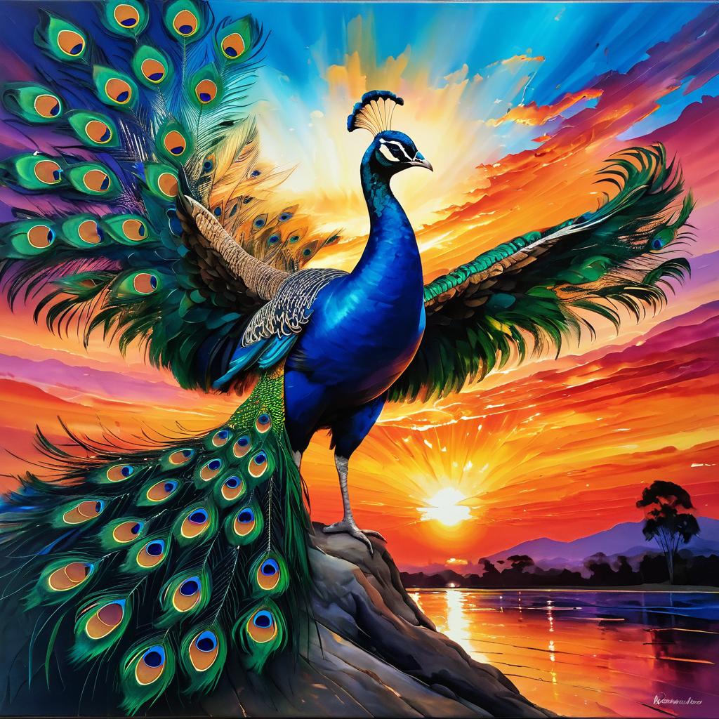 Vibrant Peacock at Sunset Oil Painting