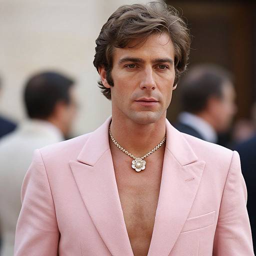 Photograph of a handsome, dark-haired man with a serious expression, wearing a pink blazer, open shirt, and a silver pendant necklace, with