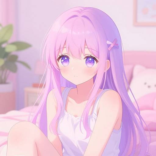 Anime-style digital illustration of a cute, purple-haired girl with large, sparkling purple eyes, wearing a white tank top, sitting on a bed in a