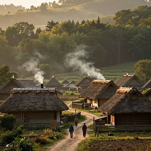 Photograph of a rustic village at sunrise, featuring thatched-roof wooden huts with smoke rising, two people walking on a dirt path, and