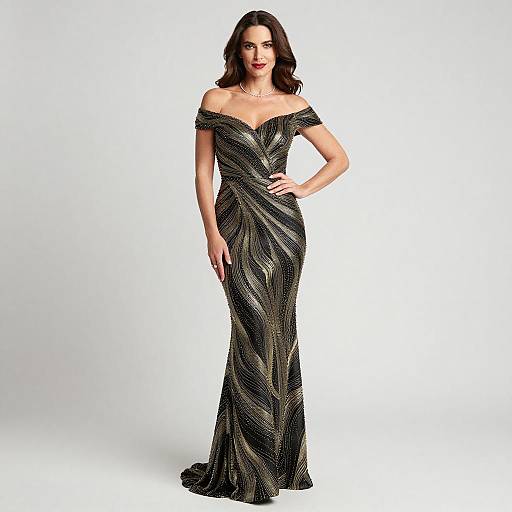 Elegant Woman in Gold-Patterned Gown
