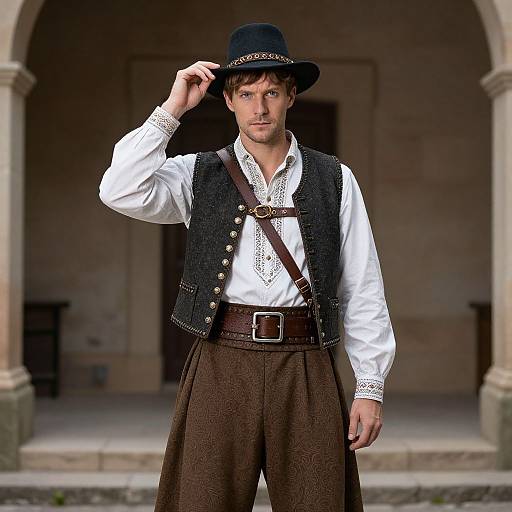 Photograph of a handsome Caucasian man in 19th-century attire, black hat, white shirt, black vest, brown pants, standing in front of