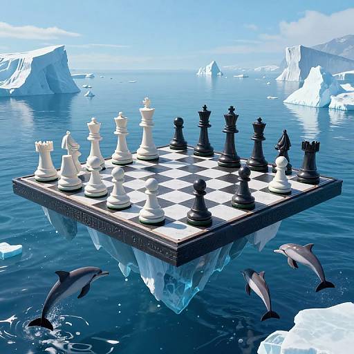 Digital artwork: Floating chessboard with black and white pieces, surrounded by icebergs, dolphins, and icy blue ocean under a clear sky.