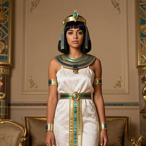 Digital artwork of an Egyptian queen with dark bob haircut, wearing a white dress, gold and turquoise jewelry, standing in an ornate, beige and gold