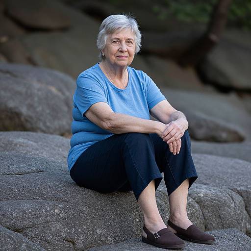 Photograph of an elderly white woman with short gray hair, wearing a blue shirt, black pants, and brown shoes, sitting on large gray rocks,
