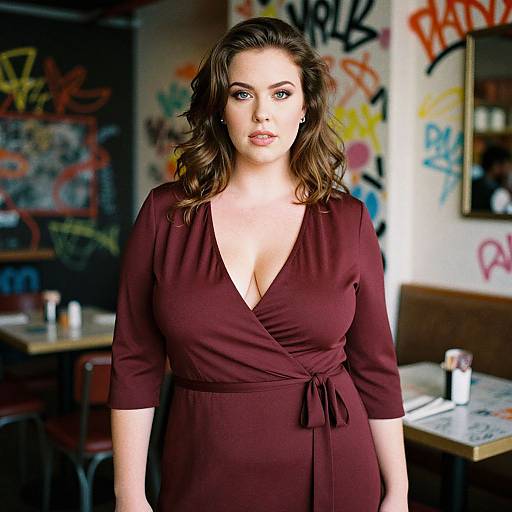 Photograph of a curvy, fair-skinned woman with wavy brown hair, wearing a deep burgundy wrap dress, standing in a graffiti-covered