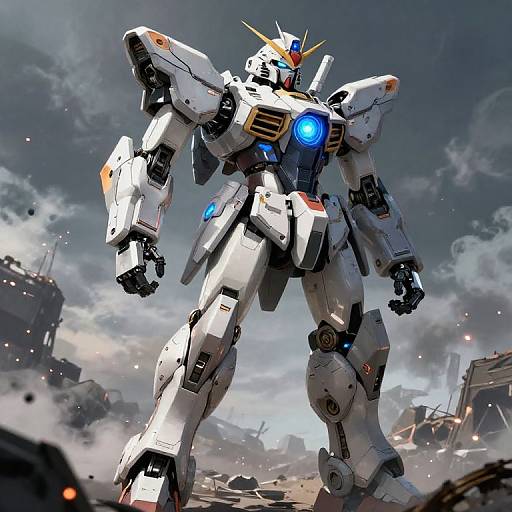 Photorealistic CGI of a white, blue-accented humanoid mecha with glowing blue chest light, standing in a war-torn, cloudy sky