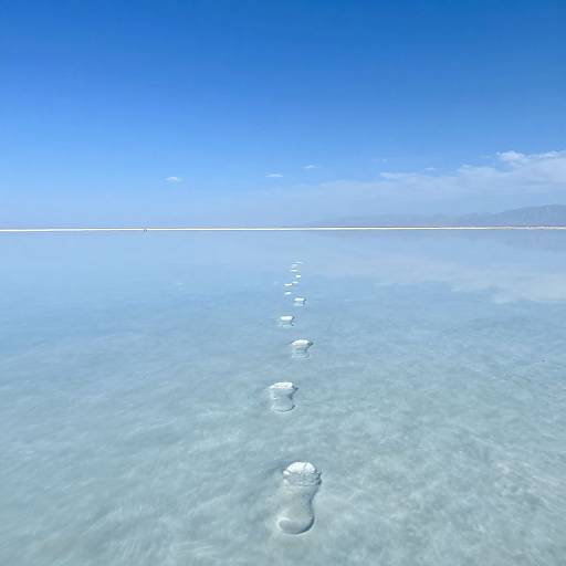 Photograph of a clear, shallow salt flat with a single footprint trail leading to the horizon under a vivid blue sky.
