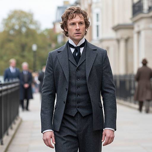 Photograph of a curly-haired Caucasian man in a black three-piece suit with a white shirt and black tie, walking on a blurred urban street.