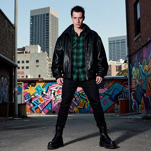 Photograph of a serious, white, short-haired man in black jacket, green plaid shirt, black pants, and boots, standing in a graffiti