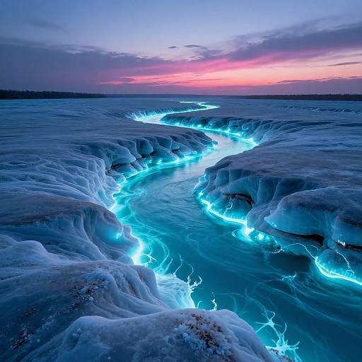Photograph of a glowing blue ice river winding through frosty, jagged ice formations under a pink and purple twilight sky.