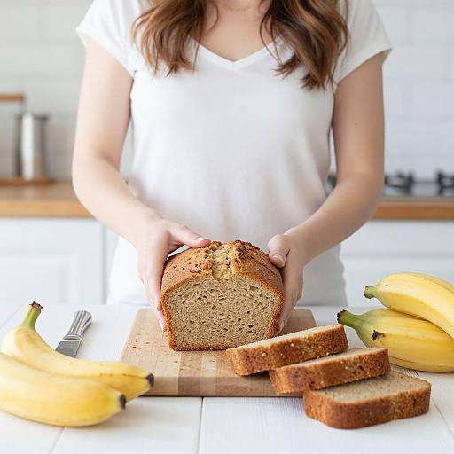 Photograph of a woman with long brown hair in a white shirt slicing a loaf of banana bread on a wooden board, surrounded by bananas and sliced bread
