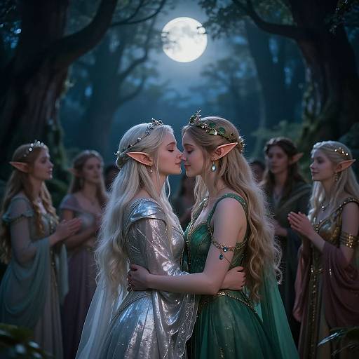 Photograph-like digital artwork of two elven women kissing under a full moon, surrounded by other elves in a dark forest. The central couple wears metallic