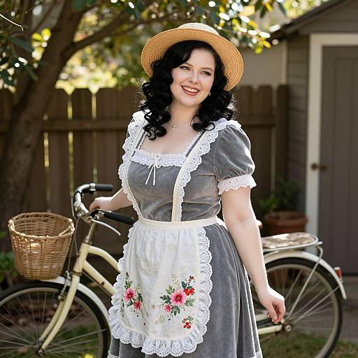 Photograph of a smiling woman with fair skin, black curly hair, wearing a gray dress with white lace and floral apron, straw hat, standing