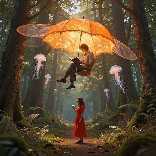 Fantasy forest scene: girl in red dress holds cup, ethereal jellyfish float, boy in brown suit reads under glowing orange umbrella.