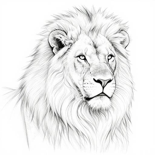 Black-and-white digital drawing of a majestic lion's head with detailed fur, intense eyes, and a strong, regal expression.