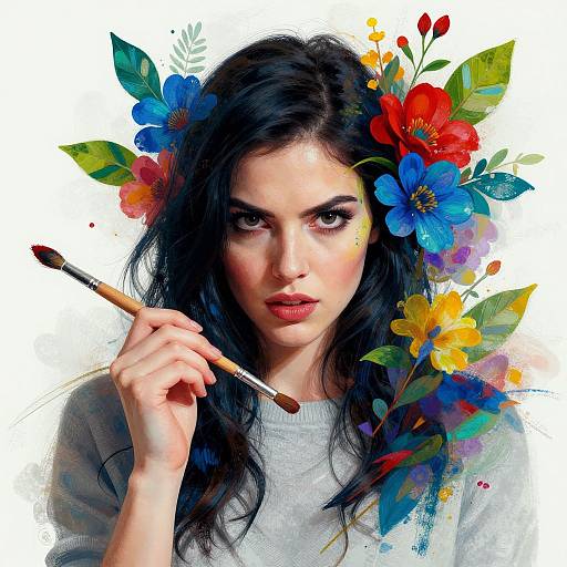 Digital painting of a fair-skinned woman with dark hair, wearing a white shirt, holding a brush, surrounded by vibrant floral headpiece.