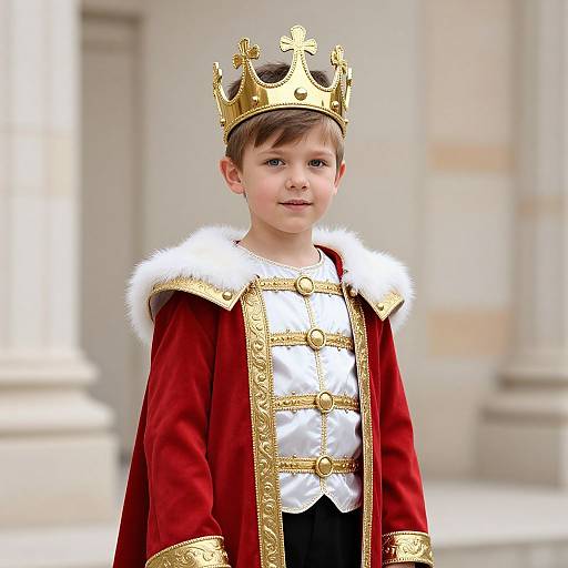 Photograph of a young boy wearing a gold crown, red velvet robe with white fur trim, and gold-embroidered white shirt, standing in