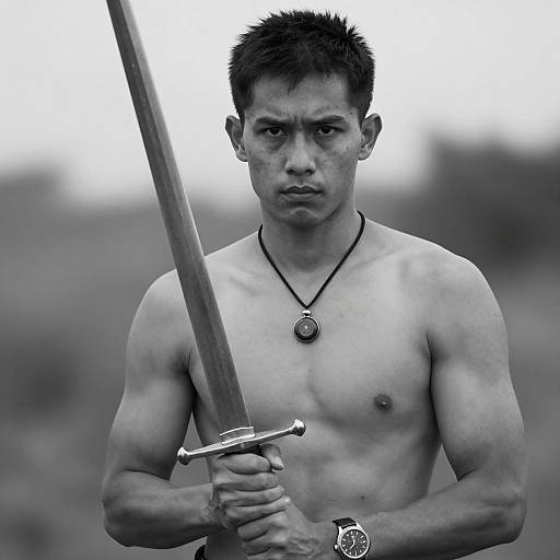 Serious Man with Sword in Black and White