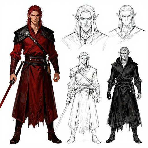 Digital character concept of a muscular, red-haired elf warrior in a red and black outfit, with various sketch and full-color versions. Holding a sword,