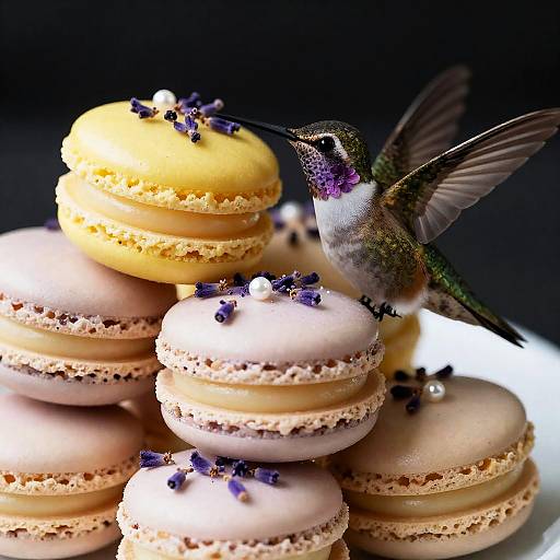 Photorealistic Lemon Macarons with Hummingbird