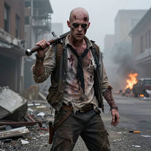 Photograph-style digital art: Bald, bloodied zombie man in tattered clothes, holding axe, standing in smoky, ruined street with fire in