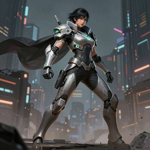 Cyberpunk warrior in shiny silver armor with glowing blue accents, black hair, and cape stands confidently in a neon-lit cityscape. Digital art
